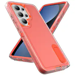 Dteck - Heavy Duty Case for Samsung Galaxy S26 Ultra w/ Foldable Kickstand,Dual-Layer Shockproof Hard PC Soft Silicone Cover - Clear/Orange