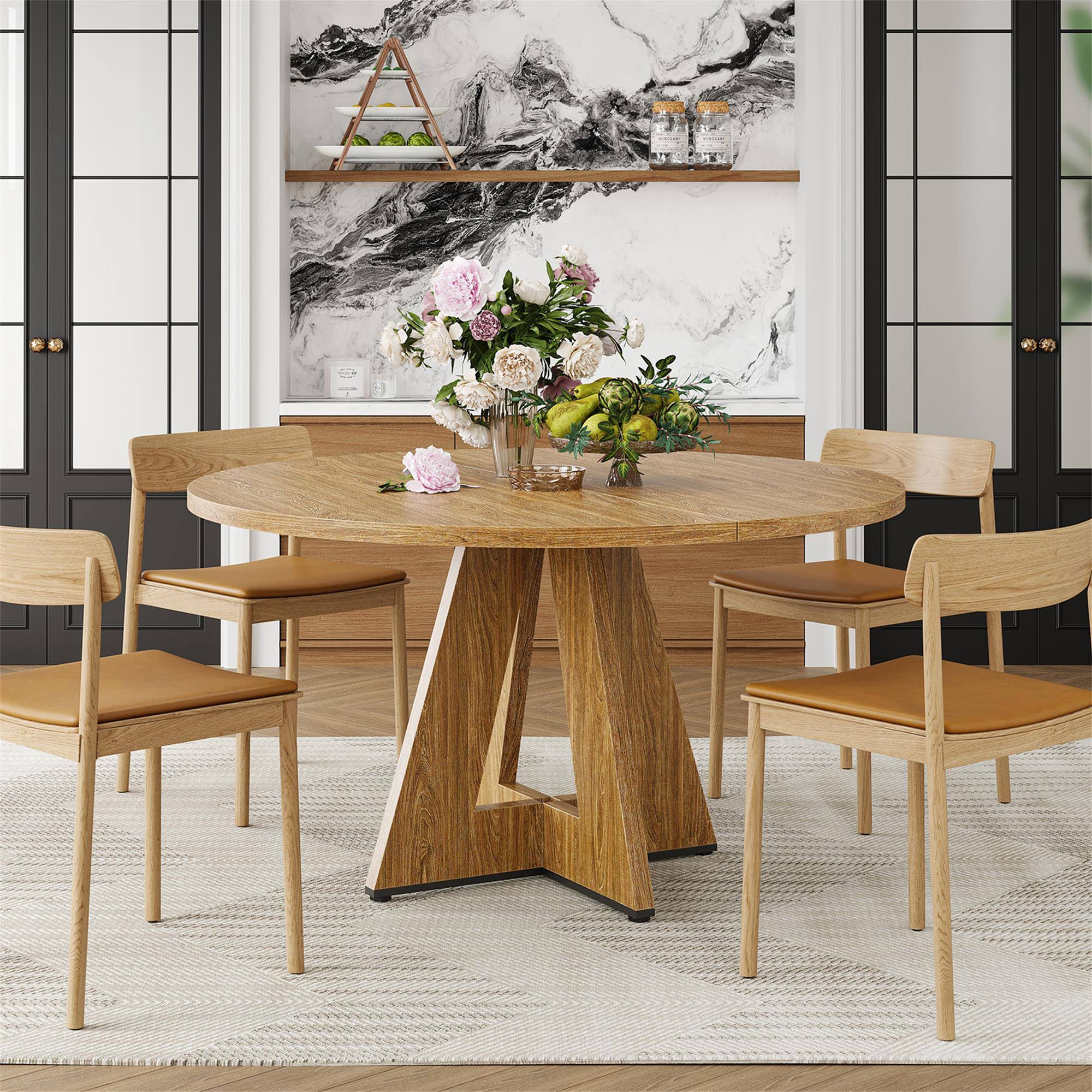 Alt View 1. Boyel Living - 47" Round Dining Table for 4-7 People Modern Wood Kitchen Table with Sturdy Metal Base Easy Assembly - Walnut.