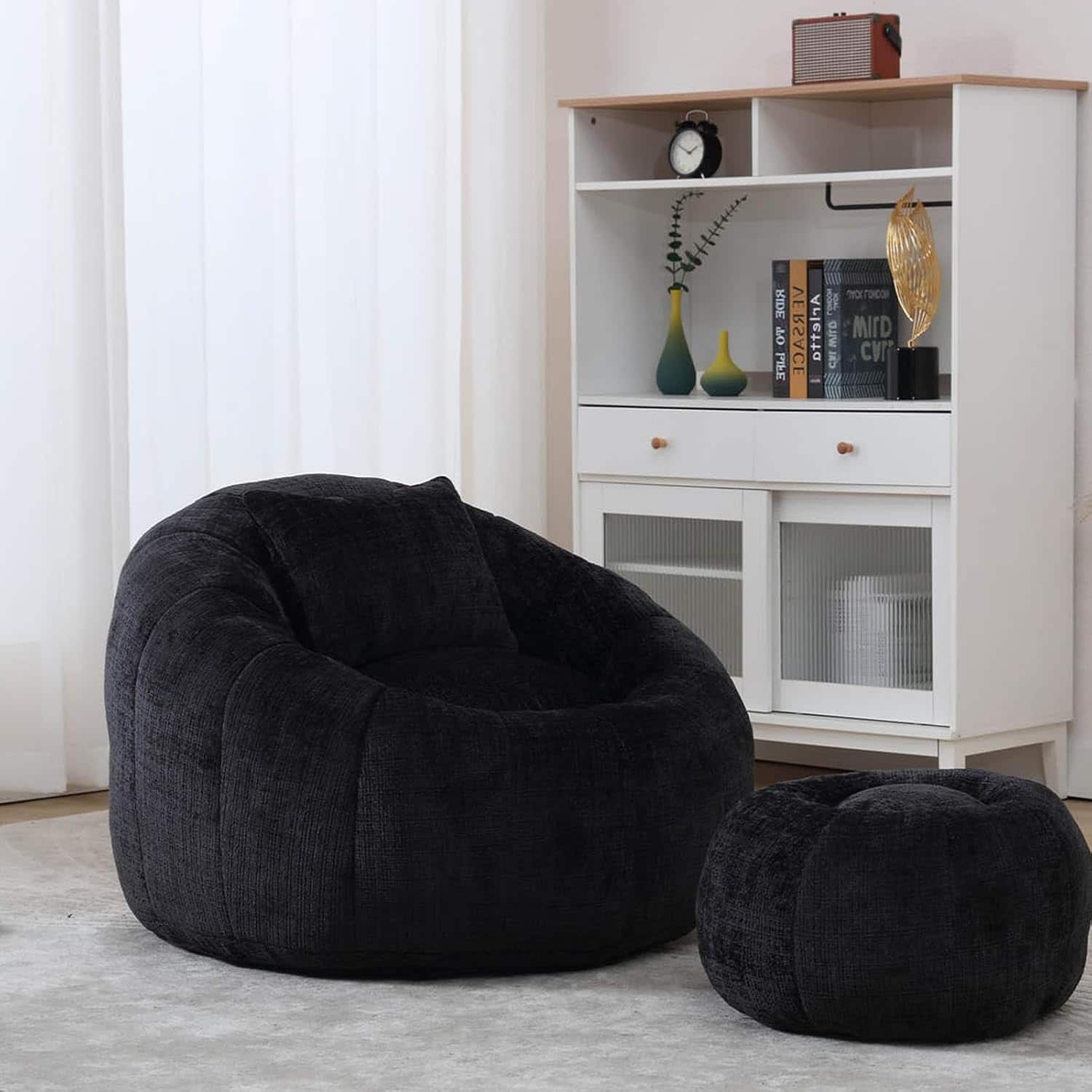Trinkets Crazed - Pumpkin Bean Bag Chair - Comfy Accent Reading Chair with Ottoman & Pillow, Round Chair for Adults - Black