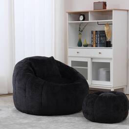 Trinkets Crazed - Pumpkin Bean Bag Chair - Comfy Accent Reading Chair with Ottoman & Pillow, Round Chair for Adults - Black