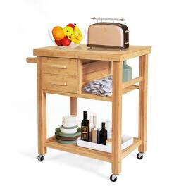 Kadyn - Bamboo Kitchen Trolley Cart with Tower Rack and Drawers, Kitchen Island, Island Table for Kitchen,Dinning Room - Brown