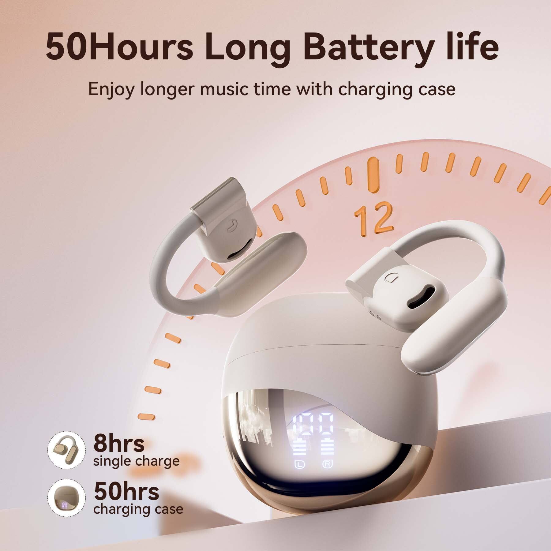 50Hours Long Battery life  
Enjoy longer music time with charging case  

8hrs single charge  
50hrs charging case