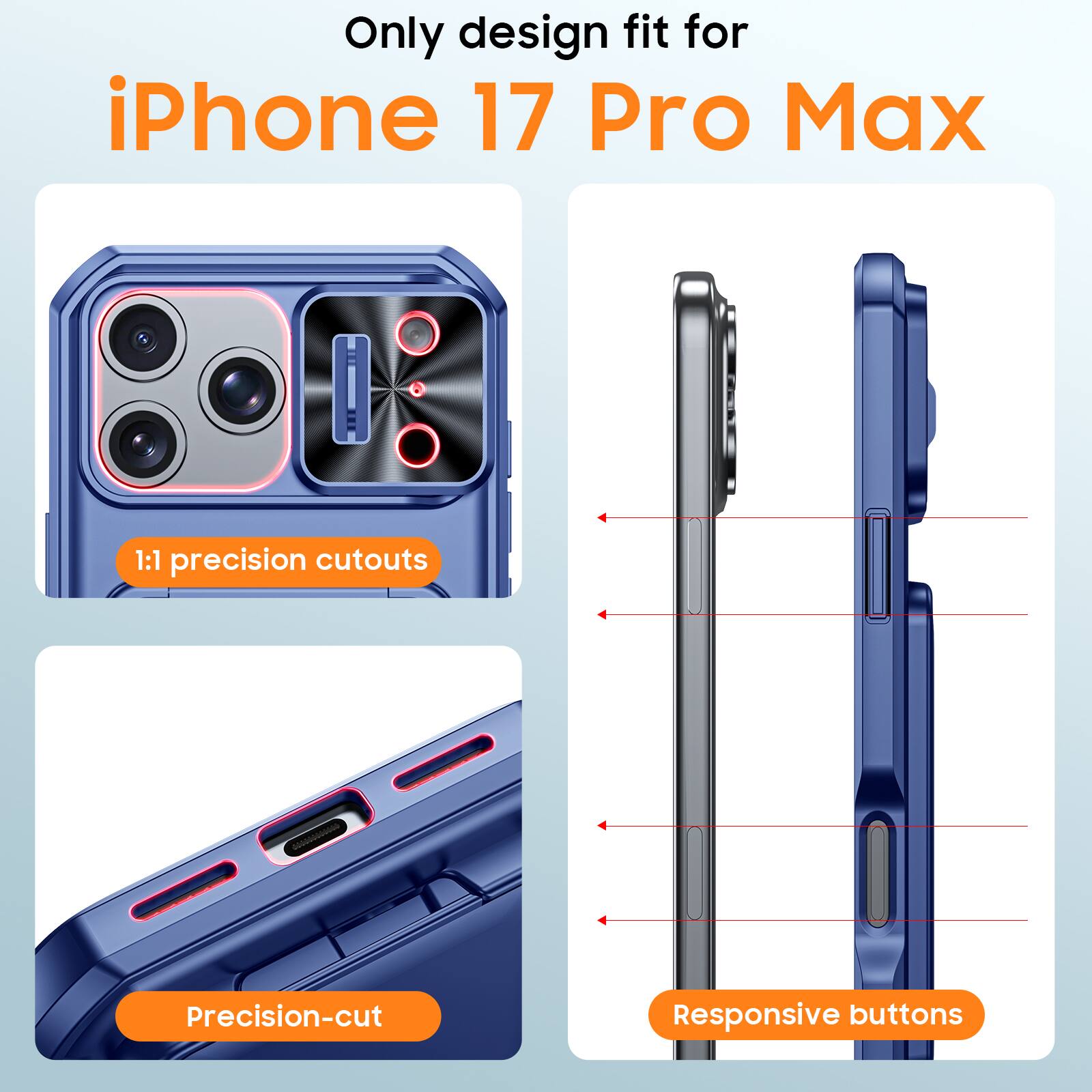 Only design fit for iPhone 17 Pro Max

1:1 precision cutouts

Precision-cut

Responsive buttons
