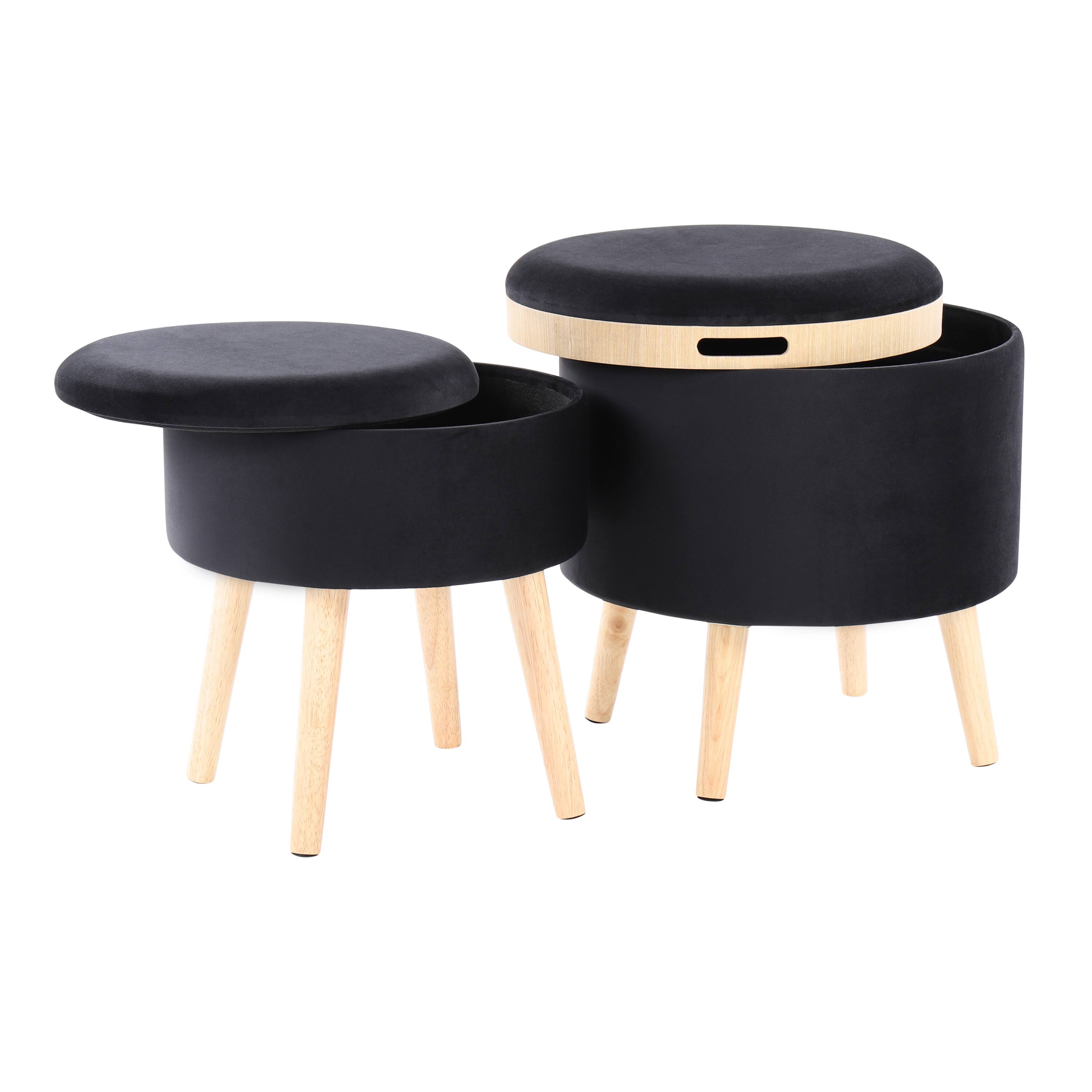 Angle. Tiramisubest - Tray Contemporary Storage Ottoman with Matching Stool in Black Velvet and Natural Wood Legs by LumiSource - Black.