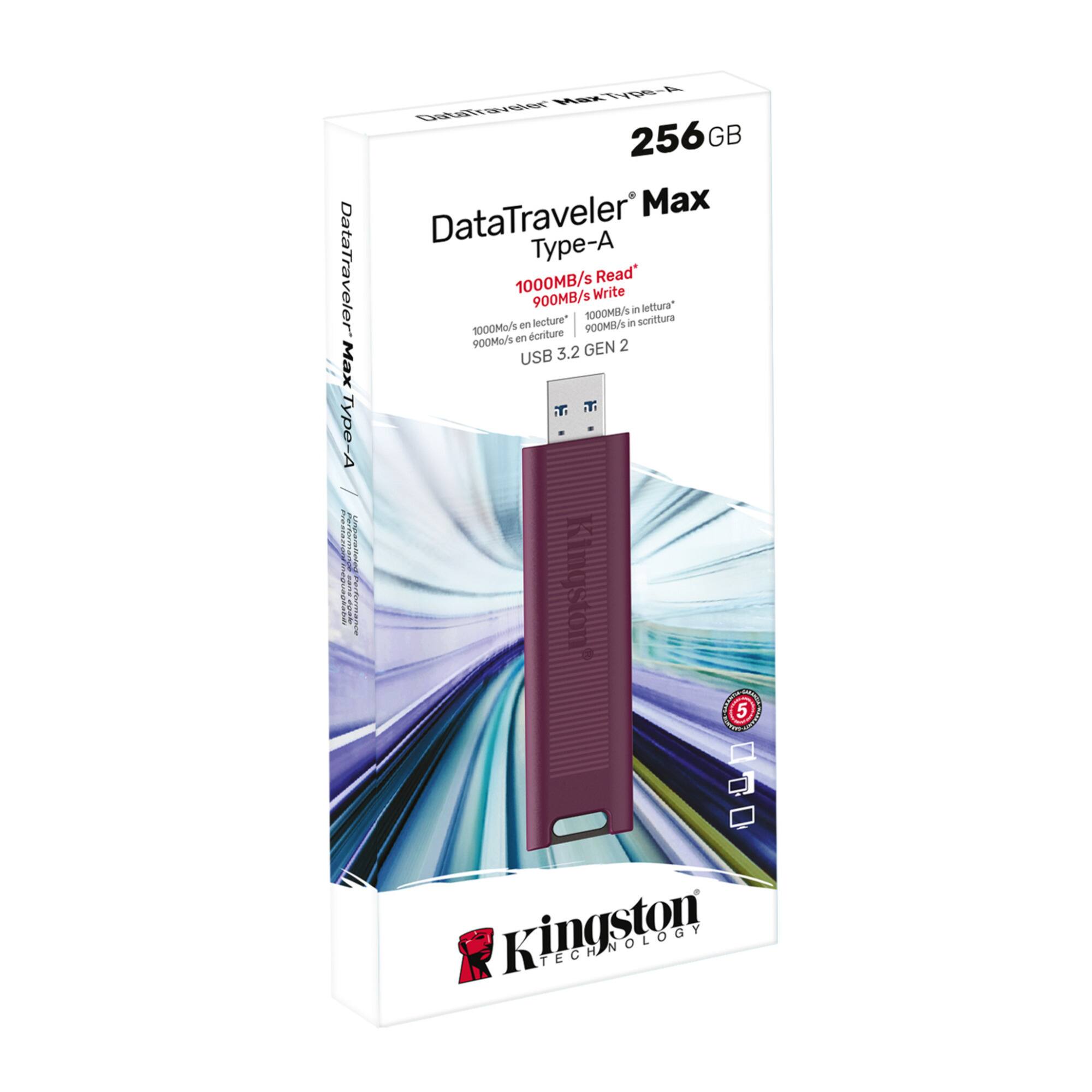 DataTraveler Max Type-A  
256GB  
1000MB/s Read*  
900MB/s Write  
USB 3.2 GEN 2  
Kingston Technology