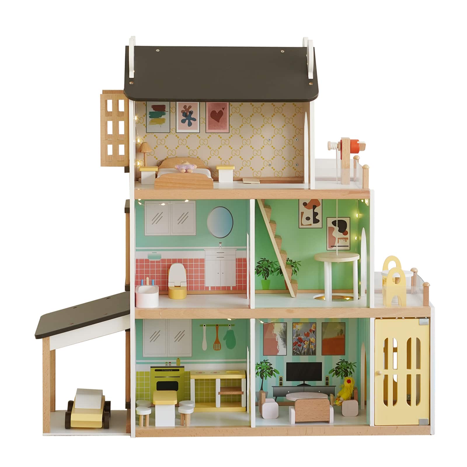 Topteng - 3-Story Wooden Dollhouse with Lights & Balcony, 20+ Furniture Accessories, Toy for Kids Ages 3+