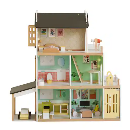 Front. Topteng - 3-Story Wooden Dollhouse with Lights & Balcony, 20+ Furniture Accessories, Toy for Kids Ages 3+.