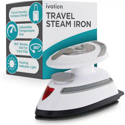 ivation Travel-friendly, Compact Design TRAVEL STEAM IRON Adjustable Temperature Dial 360° Recess Slot for Cord Clip Heating Indicator Light