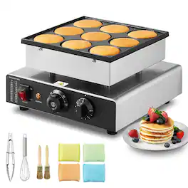 Glintex - Dutch Pancake Maker, 9PCS 76mm Electric Poffertjes Grill 850W Nonstick Dorayaki Baker with Temp & Time Control - Silver