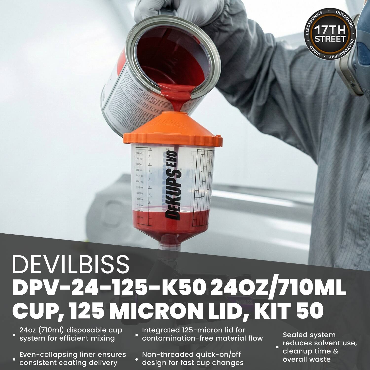 ELECTRONICS OUTDOORS 17TH STREET

DEVILBISS DPV-24-125-K50 24oz/710ML CUP, 125 MICRON LID, KIT 50

- 24oz (710ml) disposable cup system for efficient mixing
- Even-collapsing liner ensures consistent coating delivery
- Integrated 125-micron lid for contamination-free material flow
- Non-threaded quick-on/off design for fast cup changes
- Sealed system reduces solvent use, cleanup time & overall waste