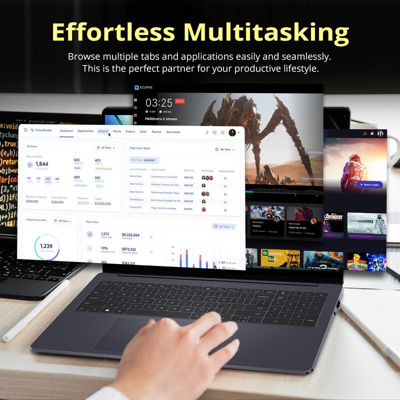 Effortless Multitasking  
Browse multiple tabs and applications easily and seamlessly.  
This is the perfect partner for your productive lifestyle.  

ECUPSE  
03:25 MI  
Helldivers 2 stream  

ComuQuotes  
Dashboard  
Opportunibles  
Account  
Clients  
Product  
Deck  
Positive  
Documents  

Overview  
All Time  
1,844  
623  
423  
499  
243  
723  
736  
665  

High Value Deals  
$992,839  
$842,393  
$115,210  
$2,000,000  

Opportunity Index  
All Time  
1,239  

Opportunity Index  
All Time  
1,273  
$8,332,004  
13%  
$873,232  

$873,232  

$873,232  

$873,232  

$873,232  

$873,232  

$873,232  

$87