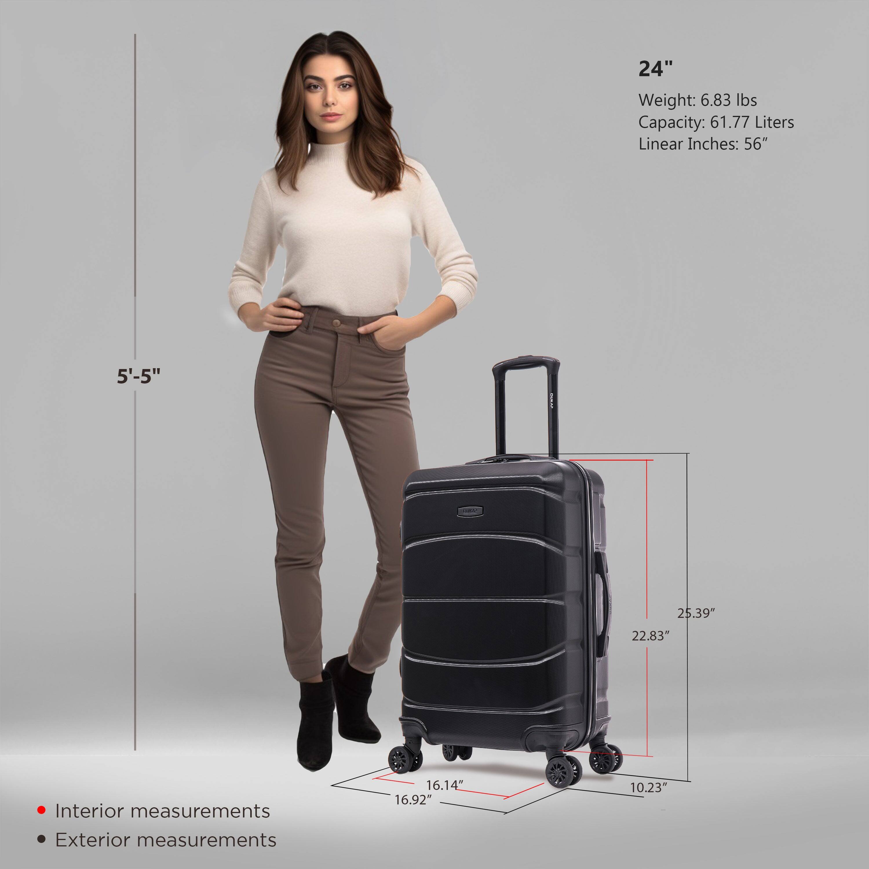 - **24"**
  - Weight: 6.83 lbs
  - Capacity: 61.77 Liters
  - Linear Inches: 56"

- **5'-5"**

- **Interior measurements**
  - 16.14"
  - 16.92"
  - 10.23"

- **Exterior measurements**
  - 25.39"
  - 22.83"