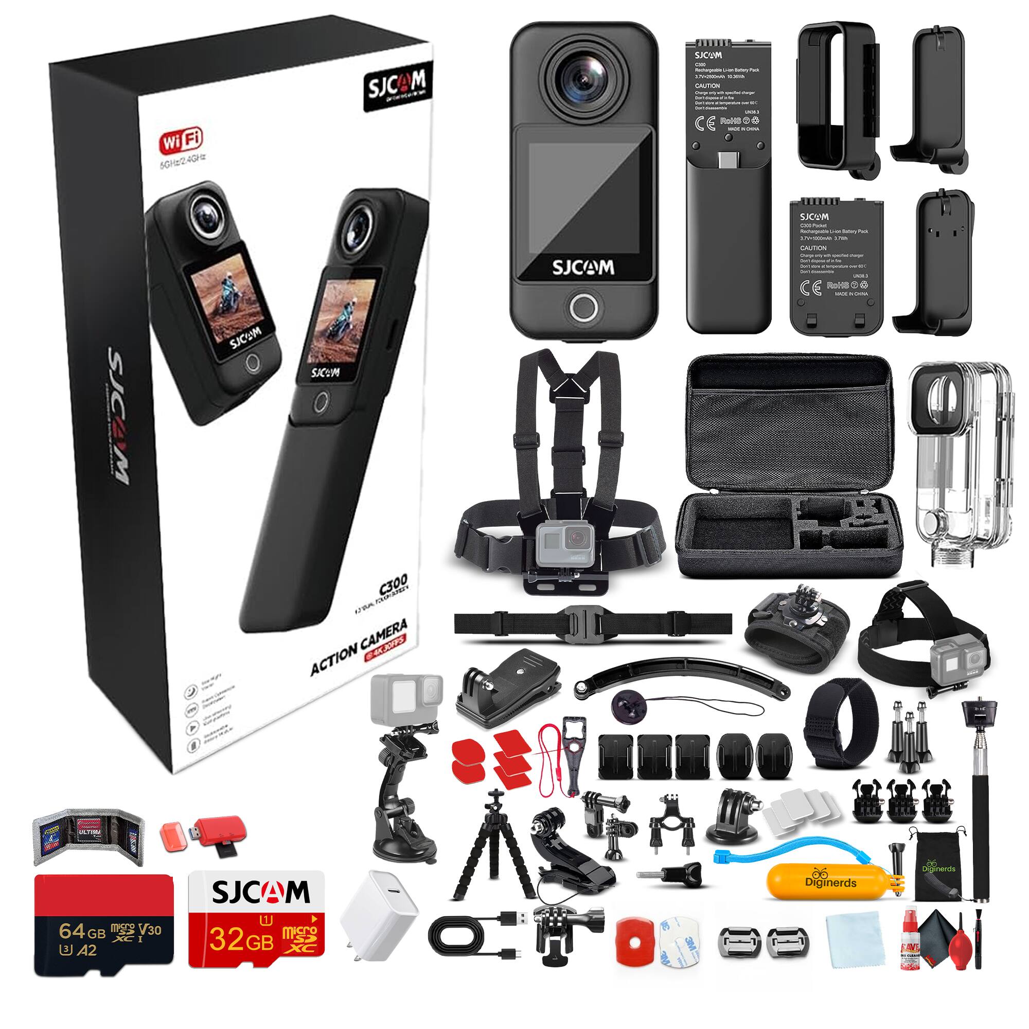 SJCAM - C300 4K Dual Touchscreen Action Camera Accessory Bundle