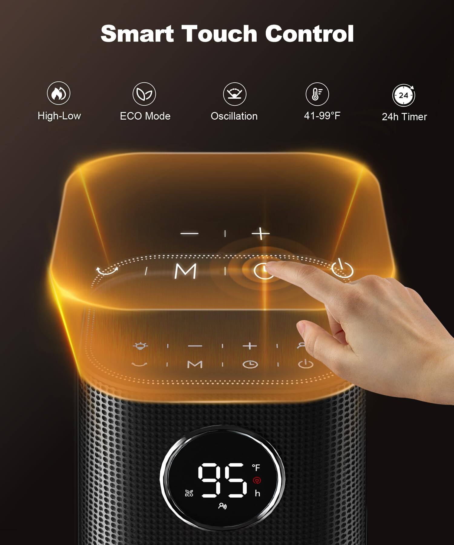 Smart Touch Control

- High-Low
- ECO Mode
- Oscillation
- 41-99°F
- 24h Timer

95°F