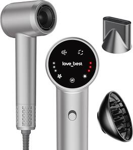 Love Best - Hair Dryer with Touchscreen, Quiet Lightweight Dryer with Magnetic Nozzle and Diffuser, Soft-Touch Matte Finish - Silver Gray