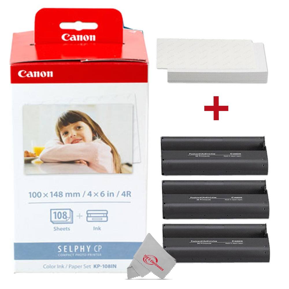 Canon SELPHY CP  
Compact Photo Printer  
Color Ink / Paper Set KP-108IN  

100 x 148 mm / 4 x 6 in / 4R  
108 Sheets + Ink  

Canon Postcard (Action) Ink  
30 Printouts  

Ted's Electronics