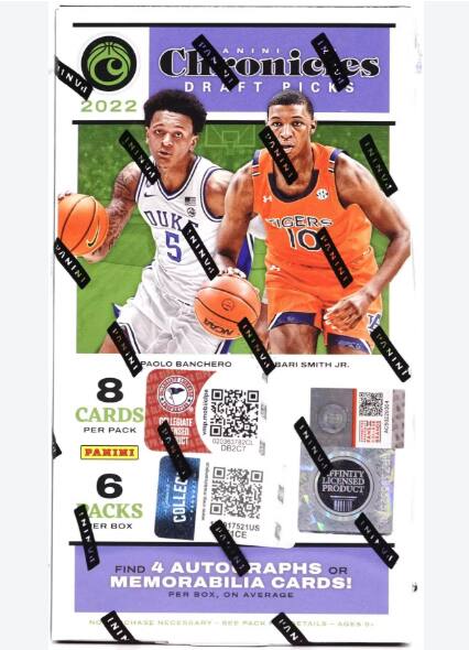 PANINI Chronicles DRAFT PICKS 2022

PAOLO BANCHERO
BARI SMITH JR.

8 CARDS PER PACK
6 PACKS PER BOX

FIND 4 AUTOGRAPHS OR MEMORABILIA CARDS! PER BOX, ON AVERAGE

NO CHASE NECESSARY - SEE PACK DETAILS

AGES 13+