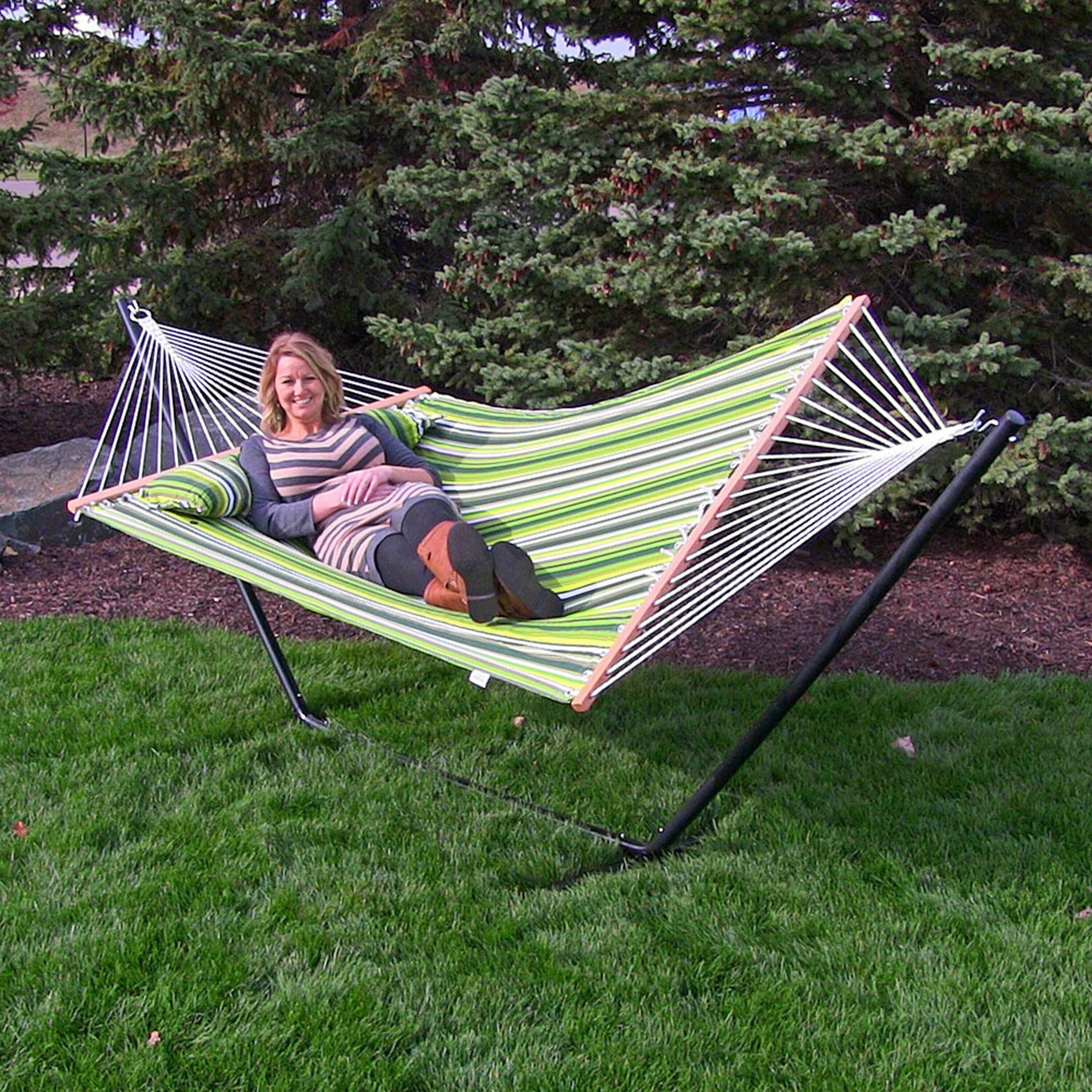 Alt View 9. Sunnydaze - Large Quilted Hammock with Spreader Bar and Pillow - Melon Stripe.