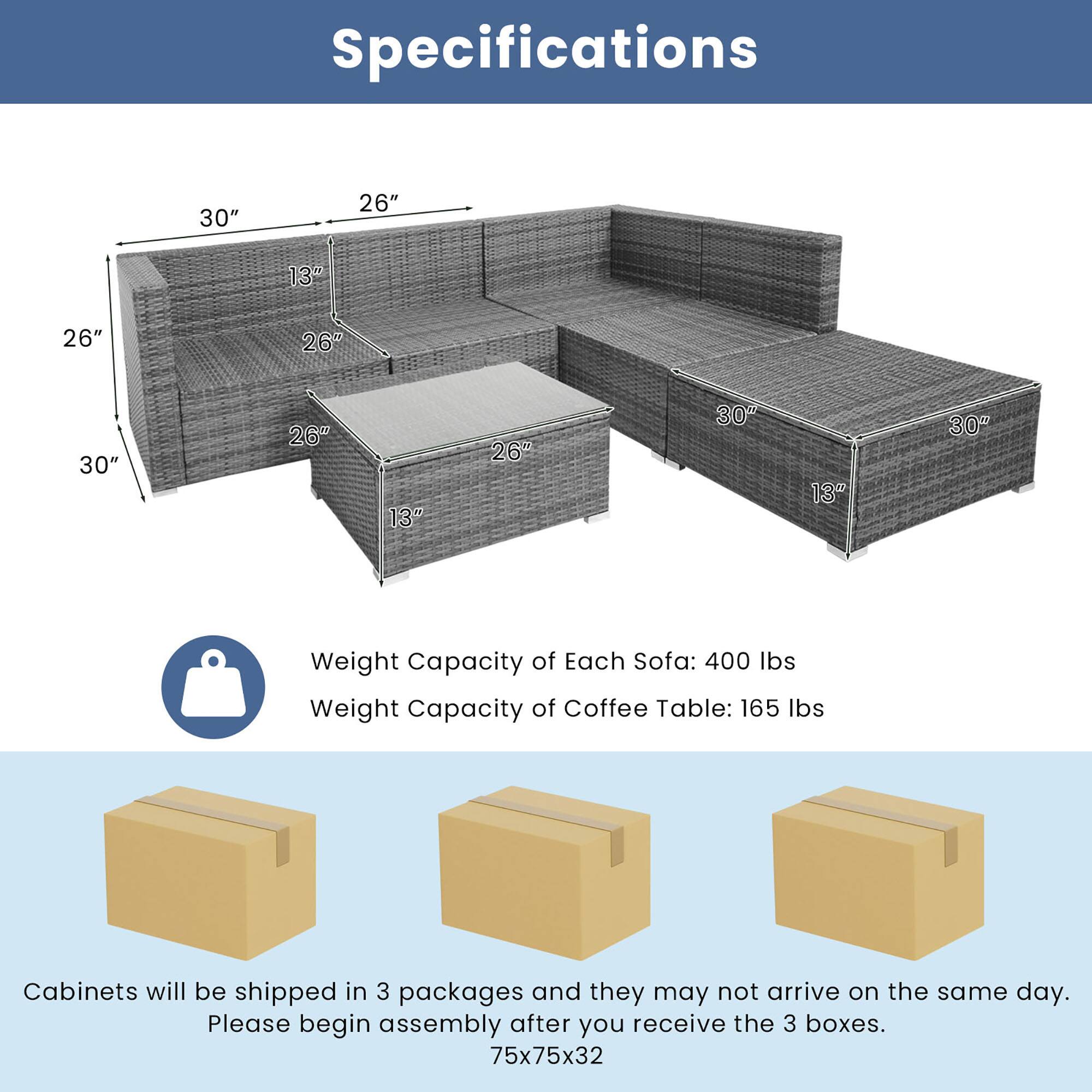 Specifications

- Weight Capacity of Each Sofa: 400 lbs
- Weight Capacity of Coffee Table: 165 lbs

Cabinets will be shipped in 3 packages and they may not arrive on the same day. Please begin assembly after you receive the 3 boxes.

Dimensions:
- Sofa: 30" x 26" x 13"
- Coffee Table: 26" x 26" x 13"

Package Dimensions: 75x75x32