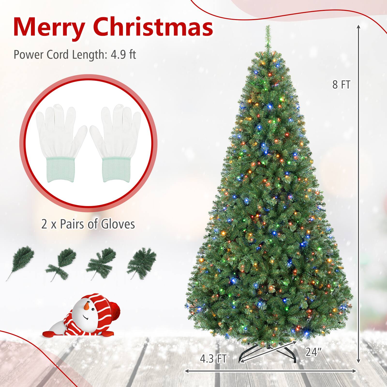 Merry Christmas

Power Cord Length: 4.9 ft

8 FT

2 x Pairs of Gloves

4.3 FT

24"