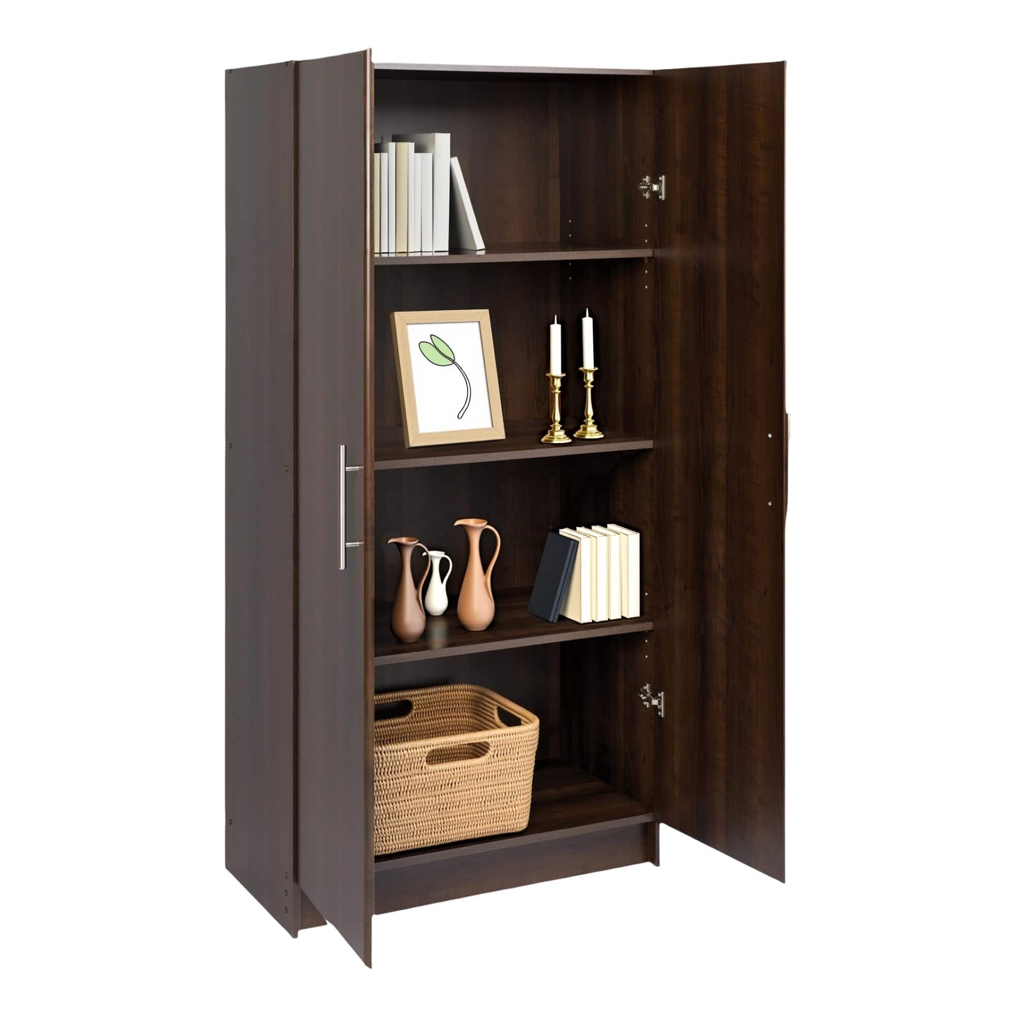 Cedar Assembly - Oak Elite 65 Tall Accent Kitchen Pantry Cabinet Craft Or Bathroom Storage Buffet With Panel Doors 32 W X 16 - Brown 32" Wide Flat Doors