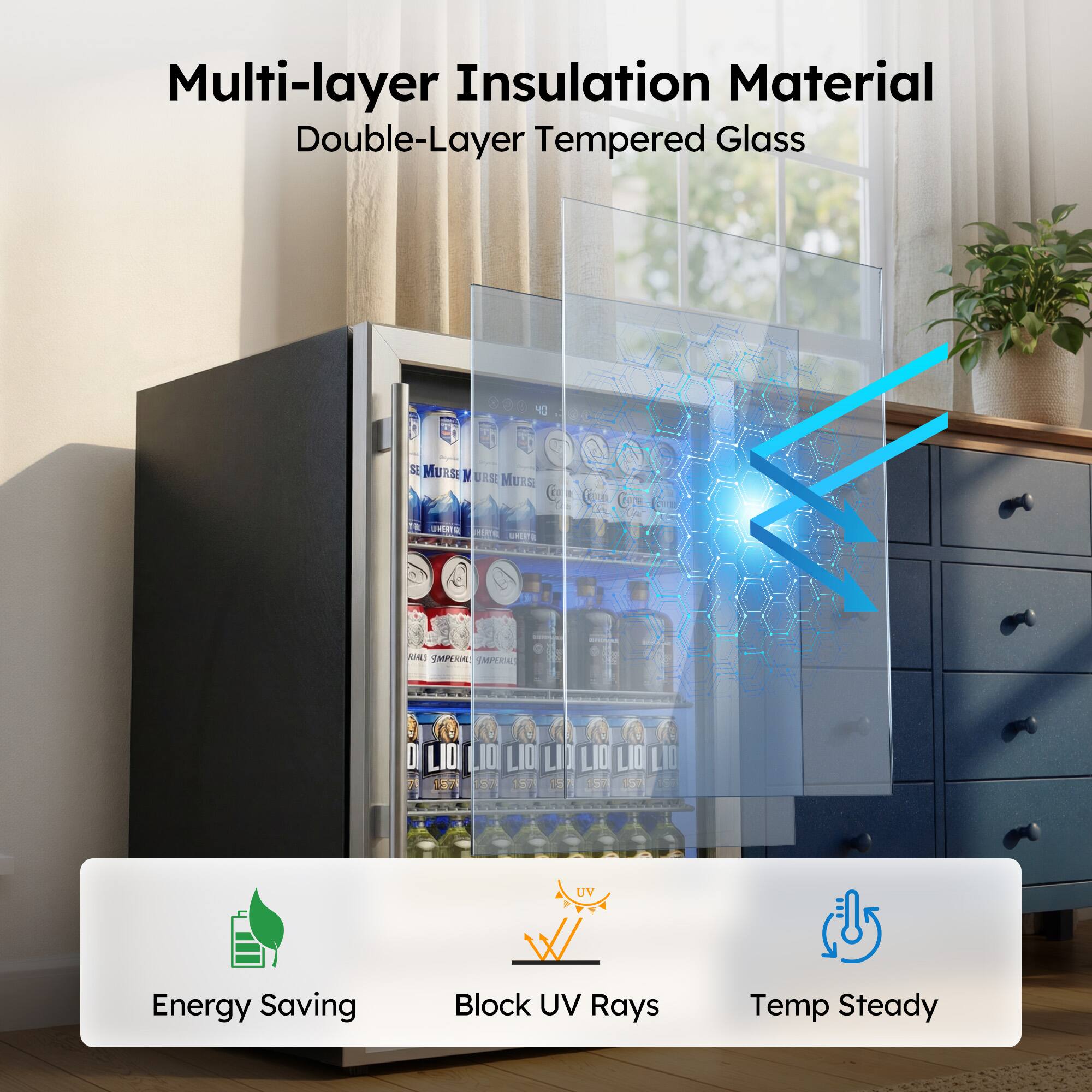 Multi-layer Insulation Material  
Double-Layer Tempered Glass  

Energy Saving  
Block UV Rays  
Temp Steady
