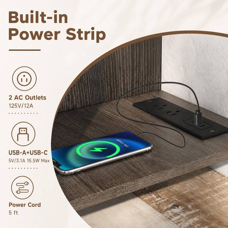 Built-in Power Strip

2 AC Outlets 125V/12A

USB-A+USB-C 5V/3.1A 15.5W Max

Charged 75%

Power Cord 5 ft