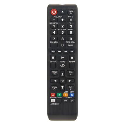 FUNCTION
VOLUME - +
MUTE
RDS DISPLAY
TA
1 2 3
PTY - PTY SEARCH PTY +
4 5 6
7 8 9
DISC MENU
TITLE MENU
POPUP
0
SUBTITLE
HOME
REPEAT
TOOLS
INFO
RETURN
EXIT
MO/ST
A B C D
TV SOUND
DSP/EQ
TUNING DOWN UP
AH59-02530A