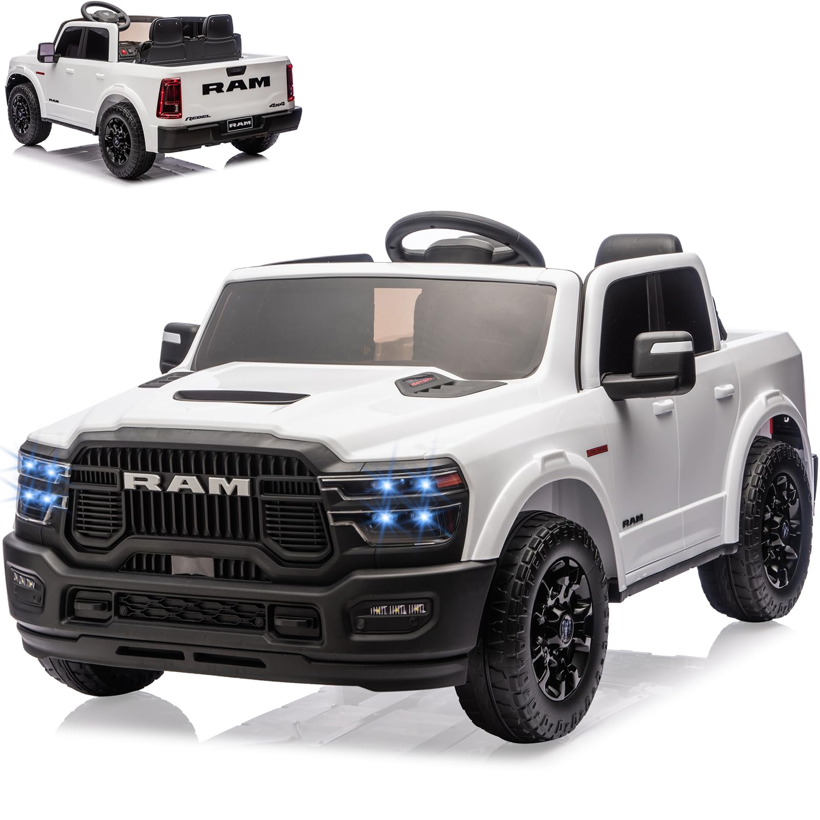 Acekool - 24V Ride on Toys for Big Kids, 2 Seater Kids Ride on Truck Car w/Remote Control, LED Lights, Spacious Truck Bed, 3 Speed - White
