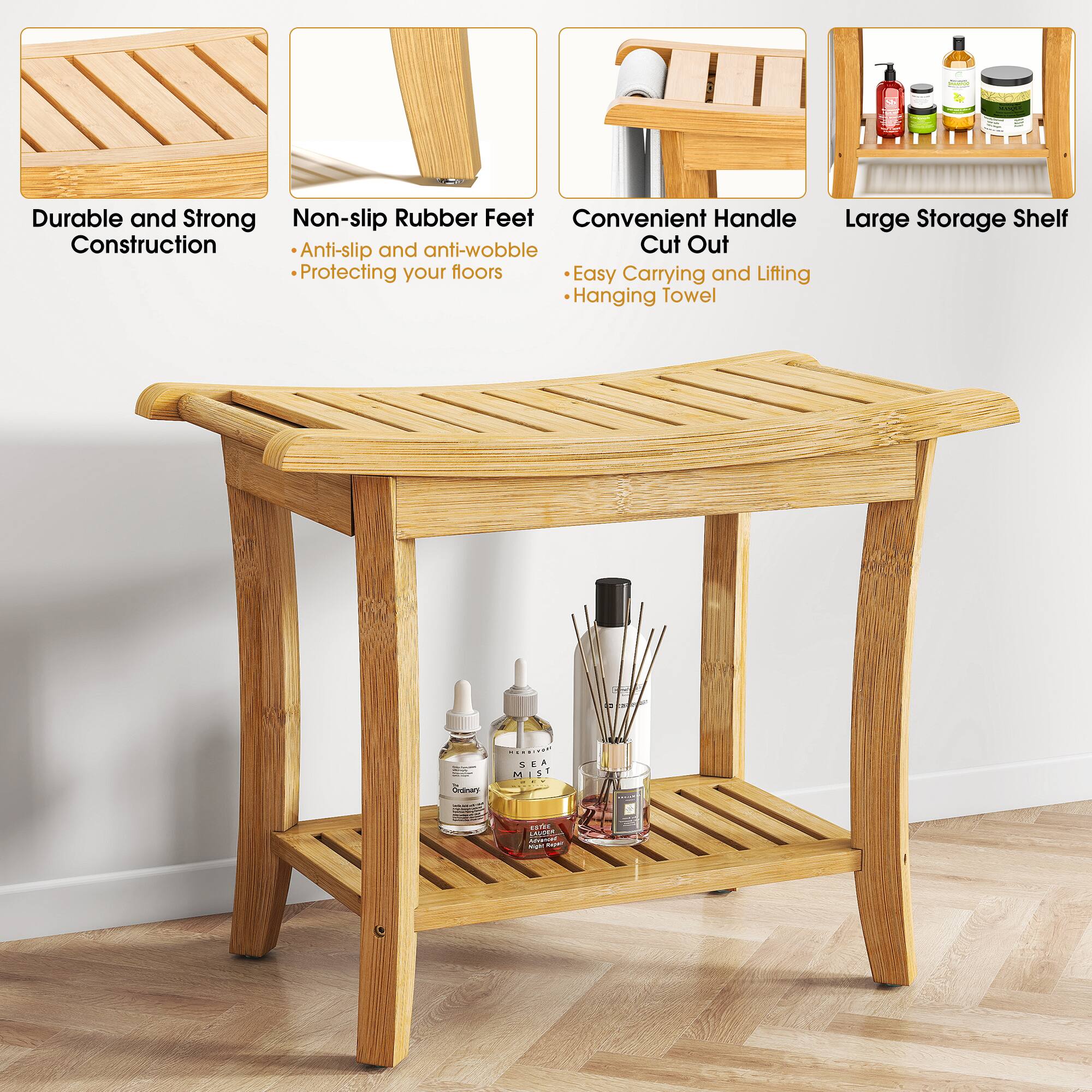 - Durable and Strong Construction
- Non-slip Rubber Feet
  - Anti-slip and anti-wobble
  - Protecting your floors
- Convenient Handle Cut Out
  - Easy Carrying and Lifting
  - Hanging Towel
- Large Storage Shelf