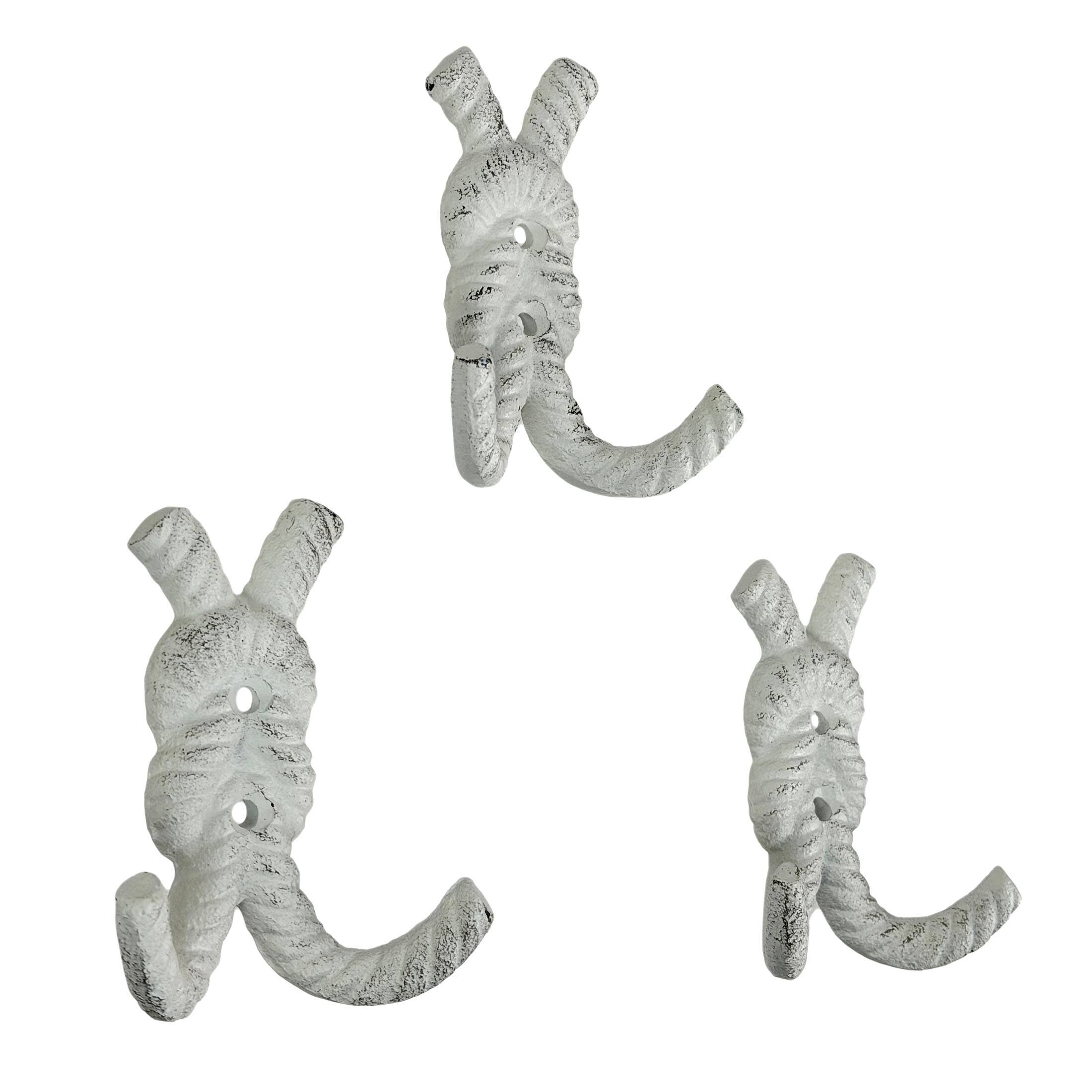 Alt View 1. Zeckos - Set of 3 Cast Iron Rope Knot Wall Hooks 4in Antique White Coastal Decor - White.