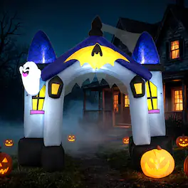 Costway - 9 FT Halloween Inflatable Archway with LED Lights, Ghost & Pumpkin, Built-in Blower - Multicolor