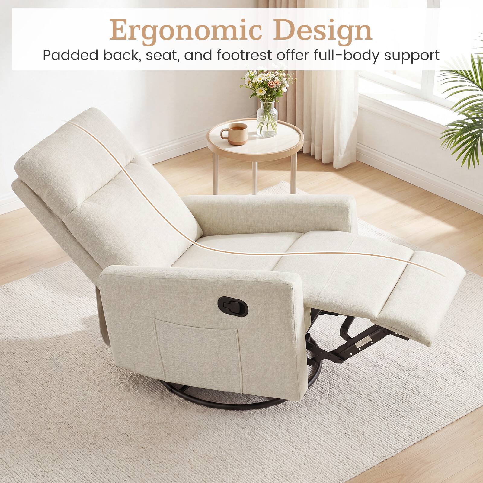 Ergonomic Design  
Padded back, seat, and footrest offer full-body support