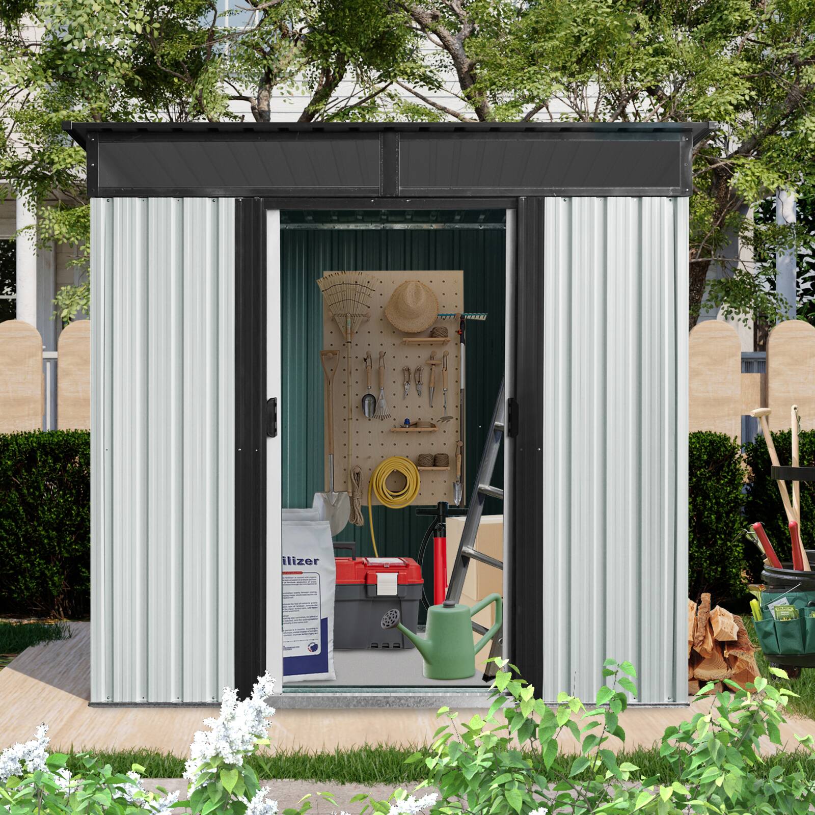 Left. Mondawe - 6ft x 5ft Outdoor Metal Storage Shed with Window and Transparent plate - White+Black.