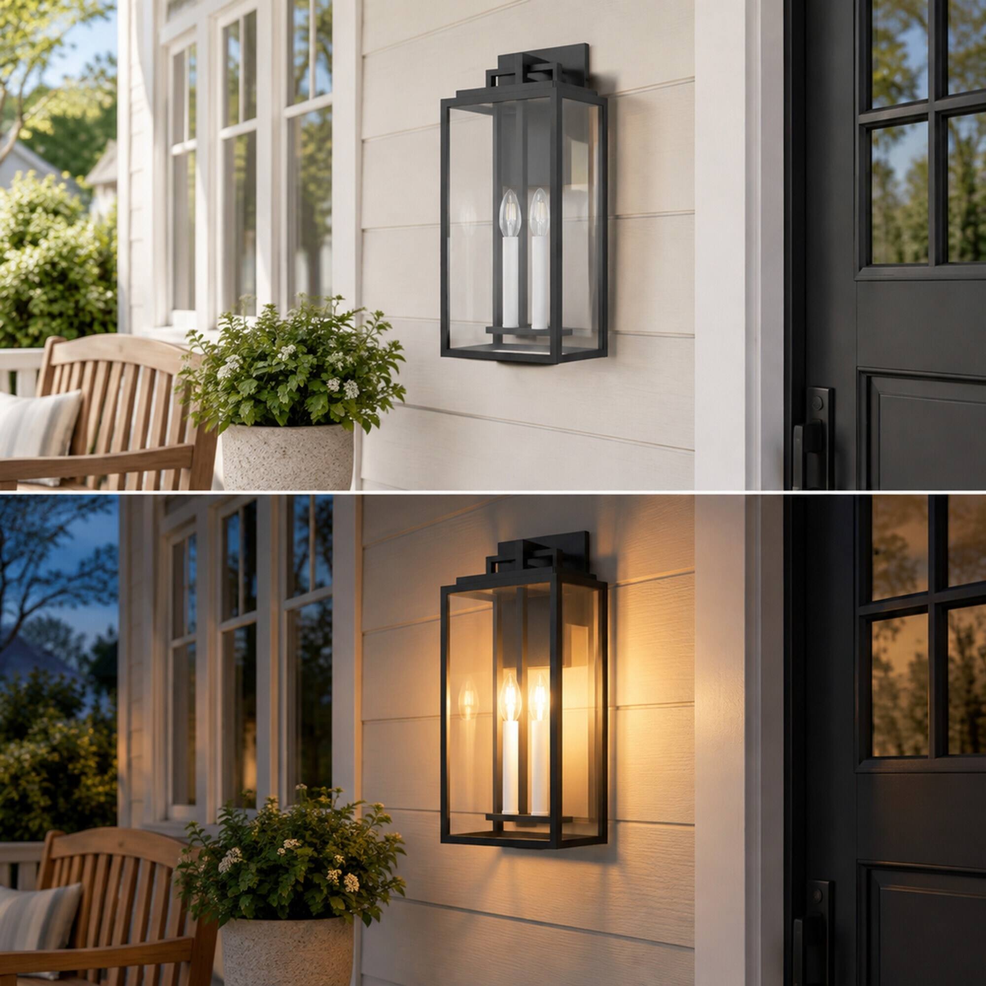Alt View 1. RYHNUYNE - 18 In Outdoor Wall Light, 2-Light Clear Tempered Glass E12 Base Fixture Black and White - Black.