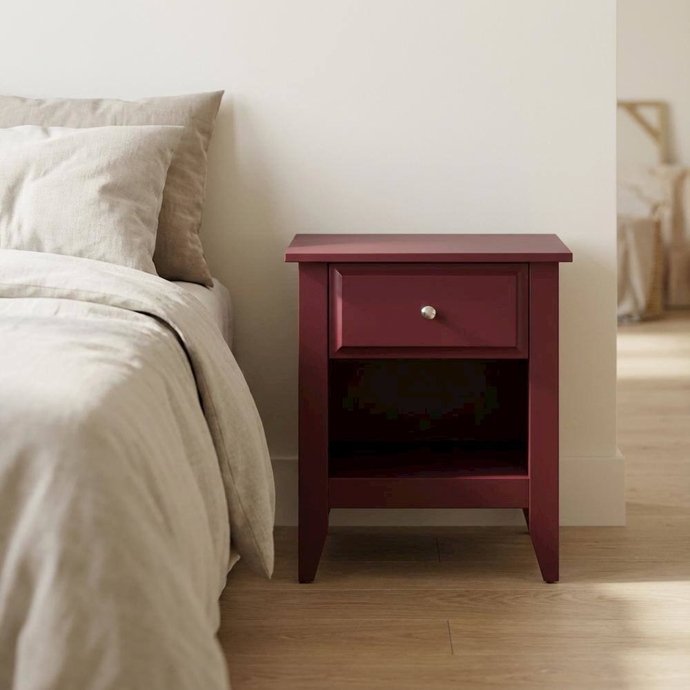 Alt View 1. FurniFact - Burgundy Wooden Night Stand with Single Drawer and Stable Design - Burgundy.