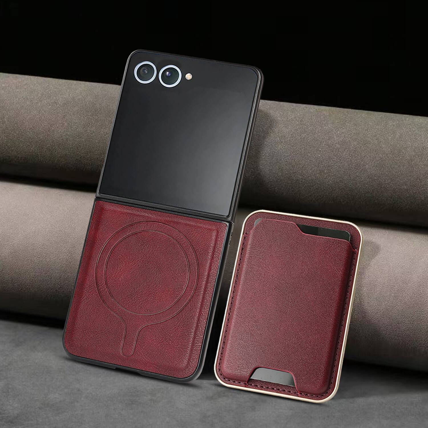 Alt View 4. Dteck - 2-in-1 Magnetic Detachable Wallet Case for Samsung Galaxy Z Flip7, Shockproof PU Leather Phone Cover with Card Holder - Winered.