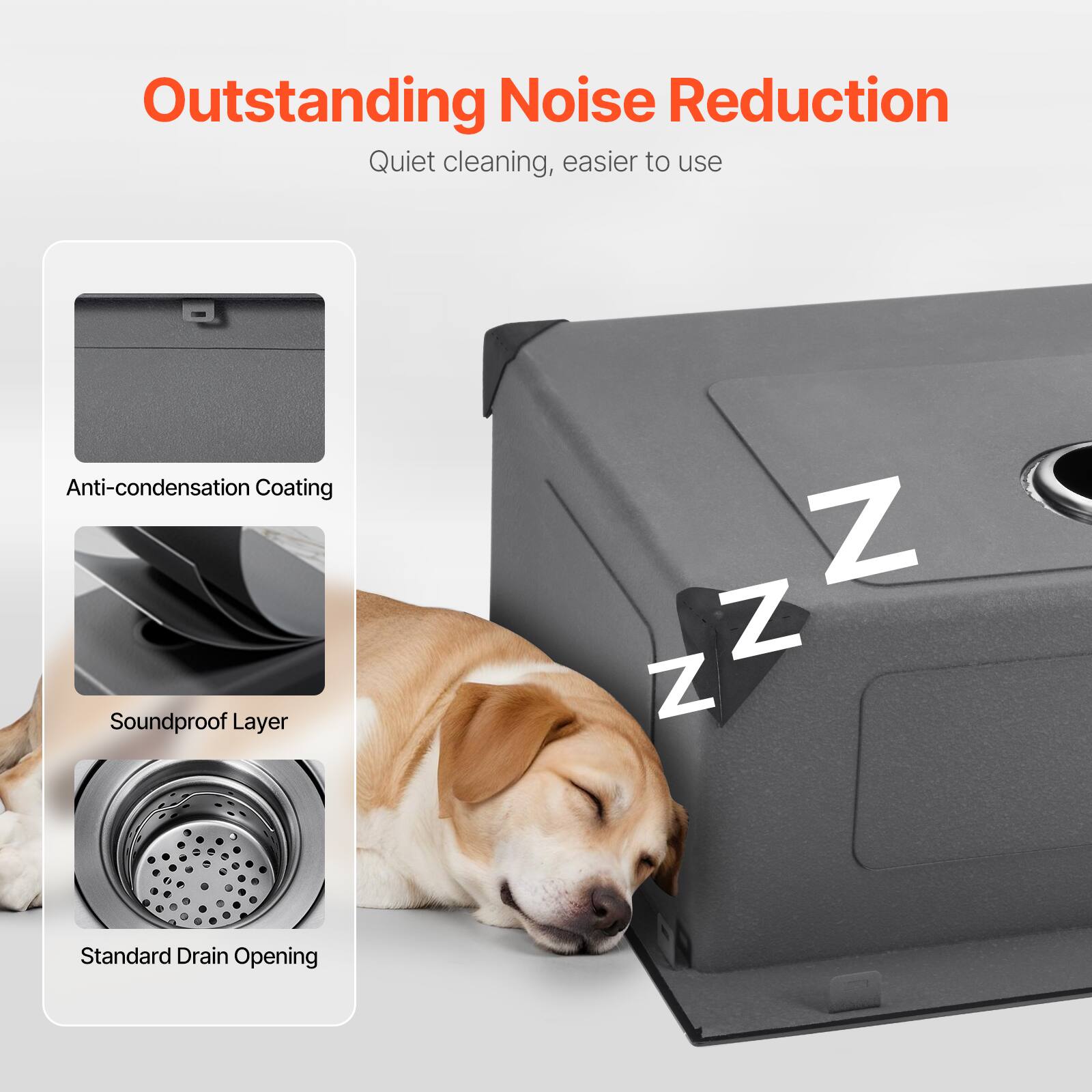 Outstanding Noise Reduction
Quiet cleaning, easier to use

Anti-condensation Coating
Soundproof Layer
Standard Drain Opening