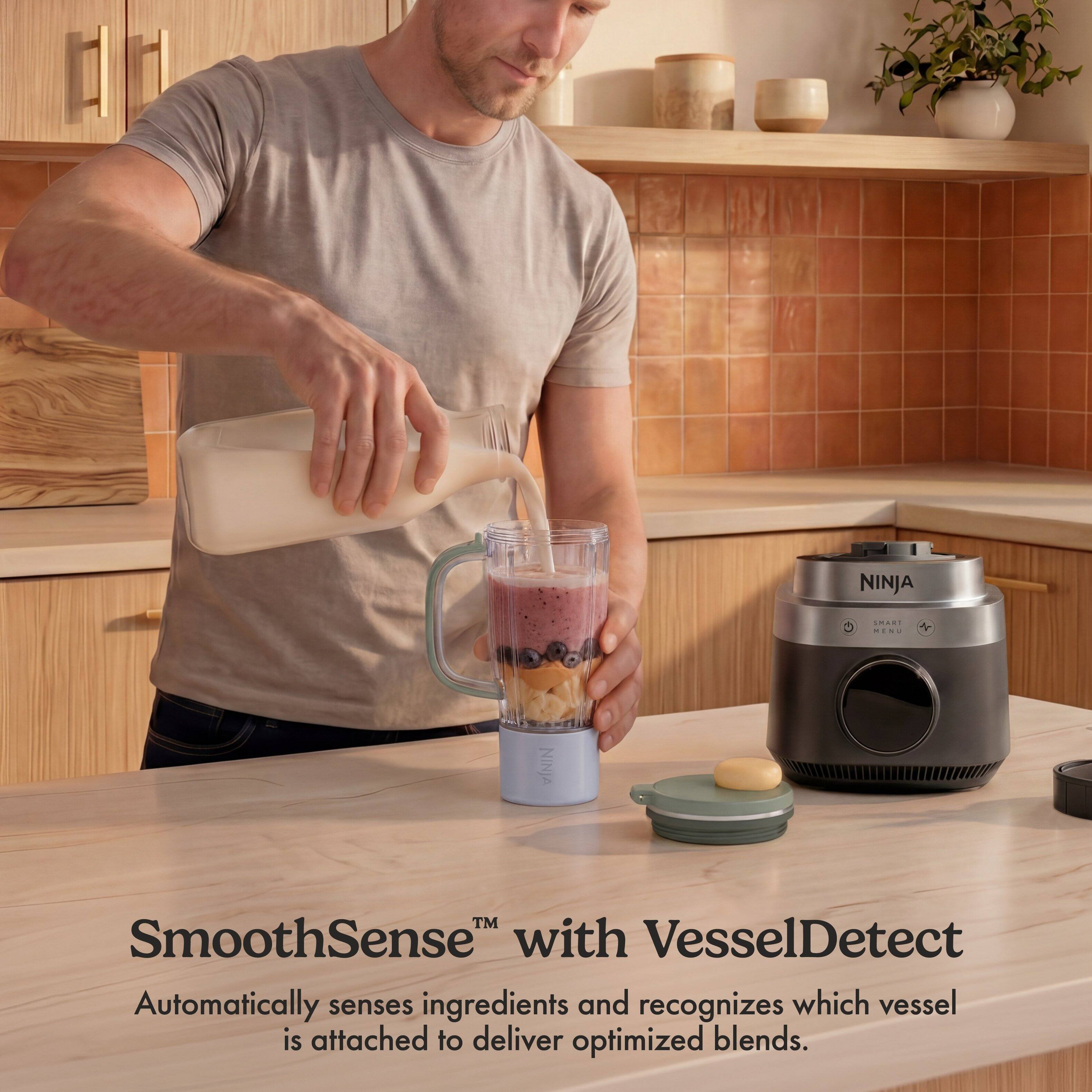 NINJA FOAR .. NINJA SmoothSense™ with VesselDetect Automatically senses ingredients and recognizes which vessel is attached to deliver optimized blends.