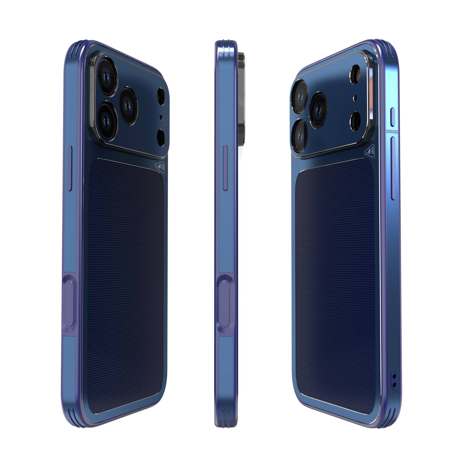 Angle. Dteck - Ultra-Thin PU Leather Texture Case for Apple iPhone 17 Pro, Metal Rugged Protective Cover, Precision Camera Cutouts - Blue.