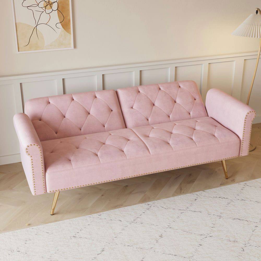 Alt View 1. Kadyn - 69.7" Velvet Sofa Bed with Nail Head Trim & Matching Throw Pillow - Pink.