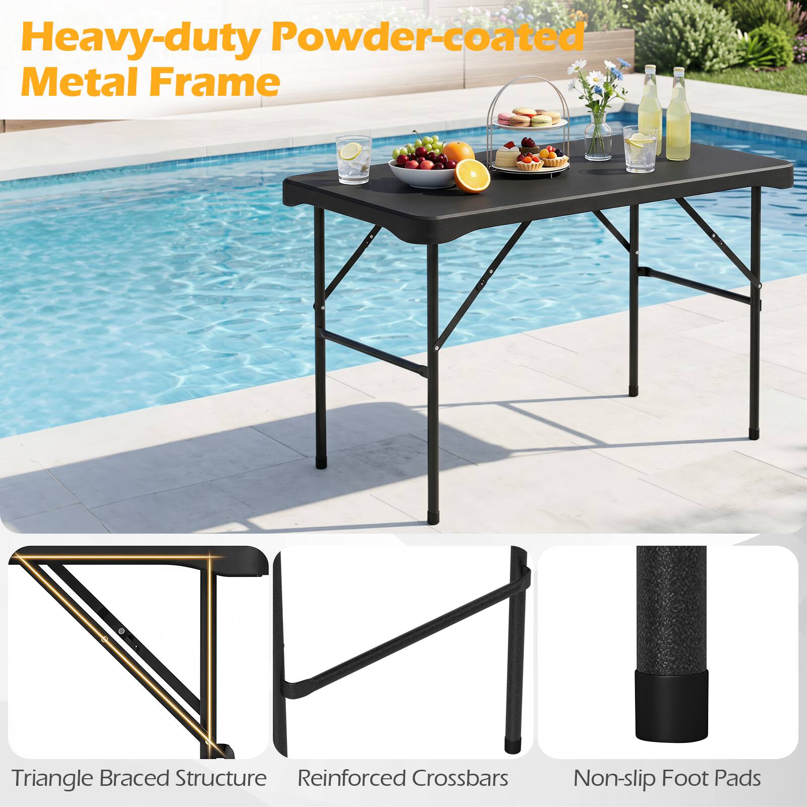 Heavy-duty Powder-coated Metal Frame  
Triangle Braced Structure  
Reinforced Crossbars  
Non-slip Foot Pads