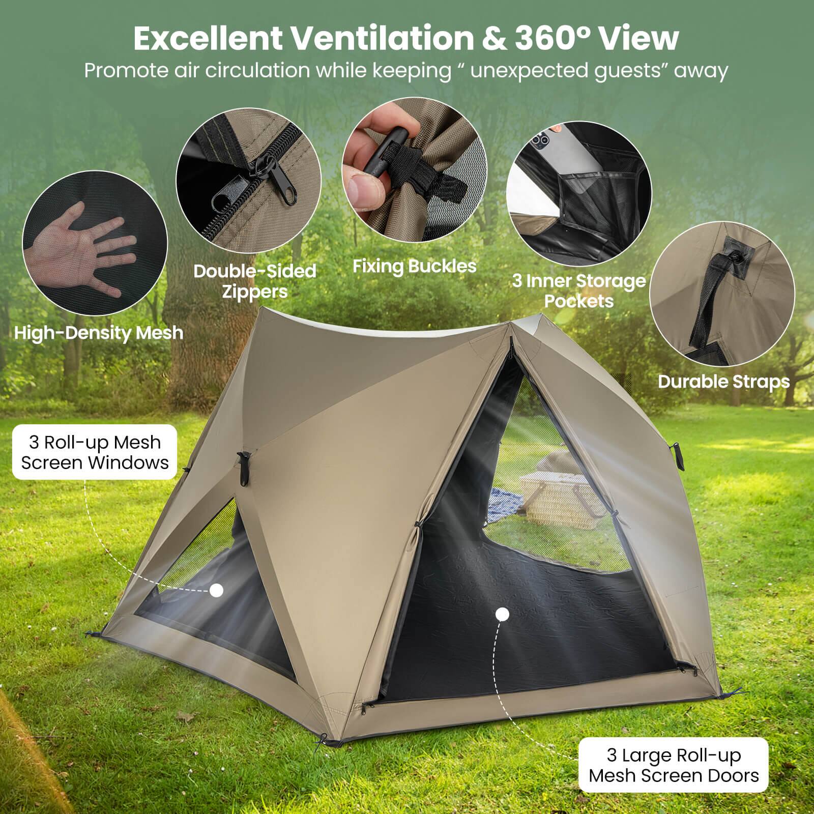 Excellent Ventilation & 360 View: Promote air circulation while keeping unexpected guests away.

Features:

* Double-Sided Fixing Buckles
* Zippers
* High-Density Mesh
* 3 Inner Storage Pockets
* Durable Straps
* 3 Roll-up Mesh Screen Windows
* 3 Large Roll-up Mesh Screen Doors