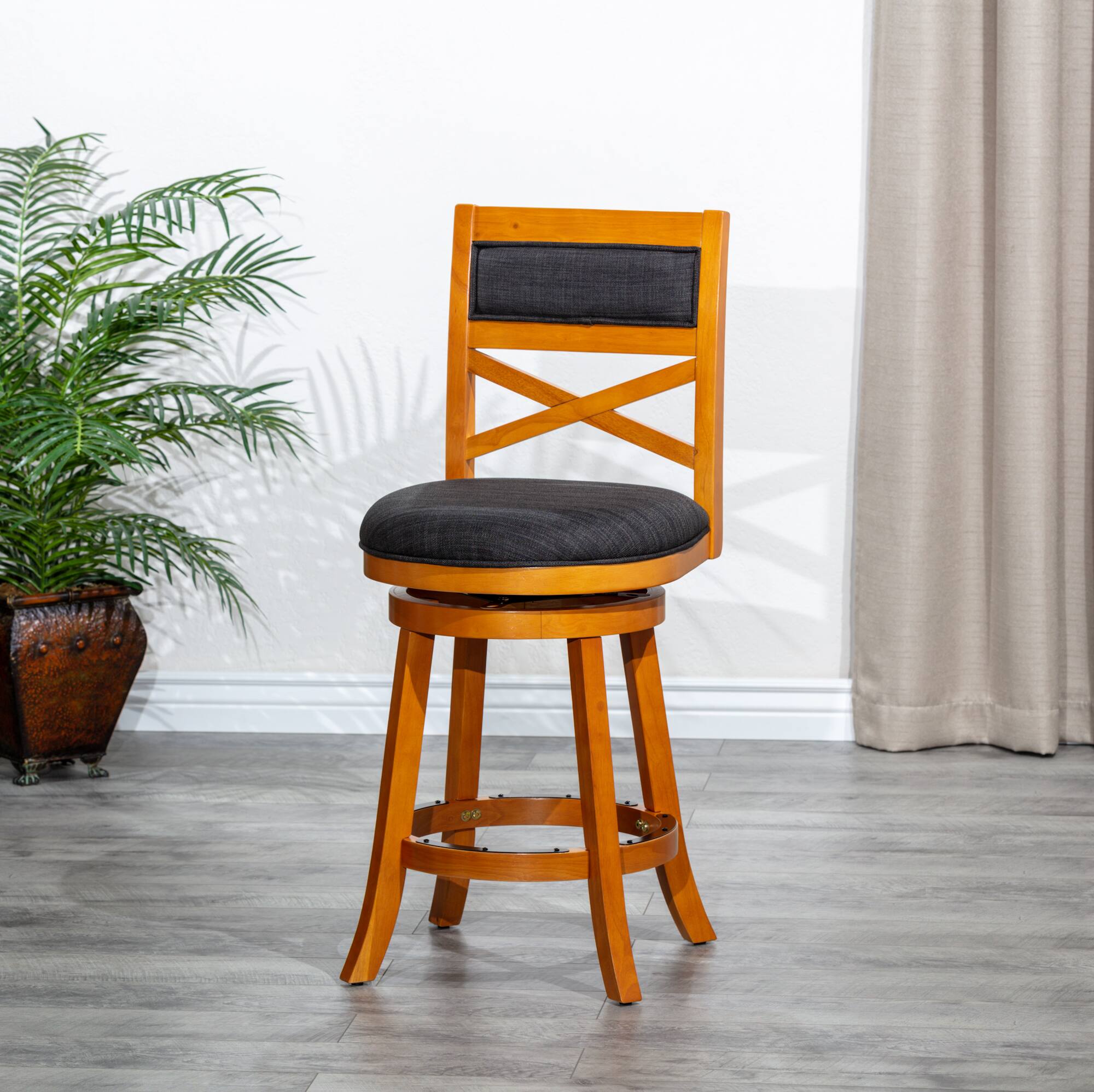 Left. APRILSOUL - 30 Bar Height XBack Swivel Stool Natural Finish Charcoal Fabric Seat - White.