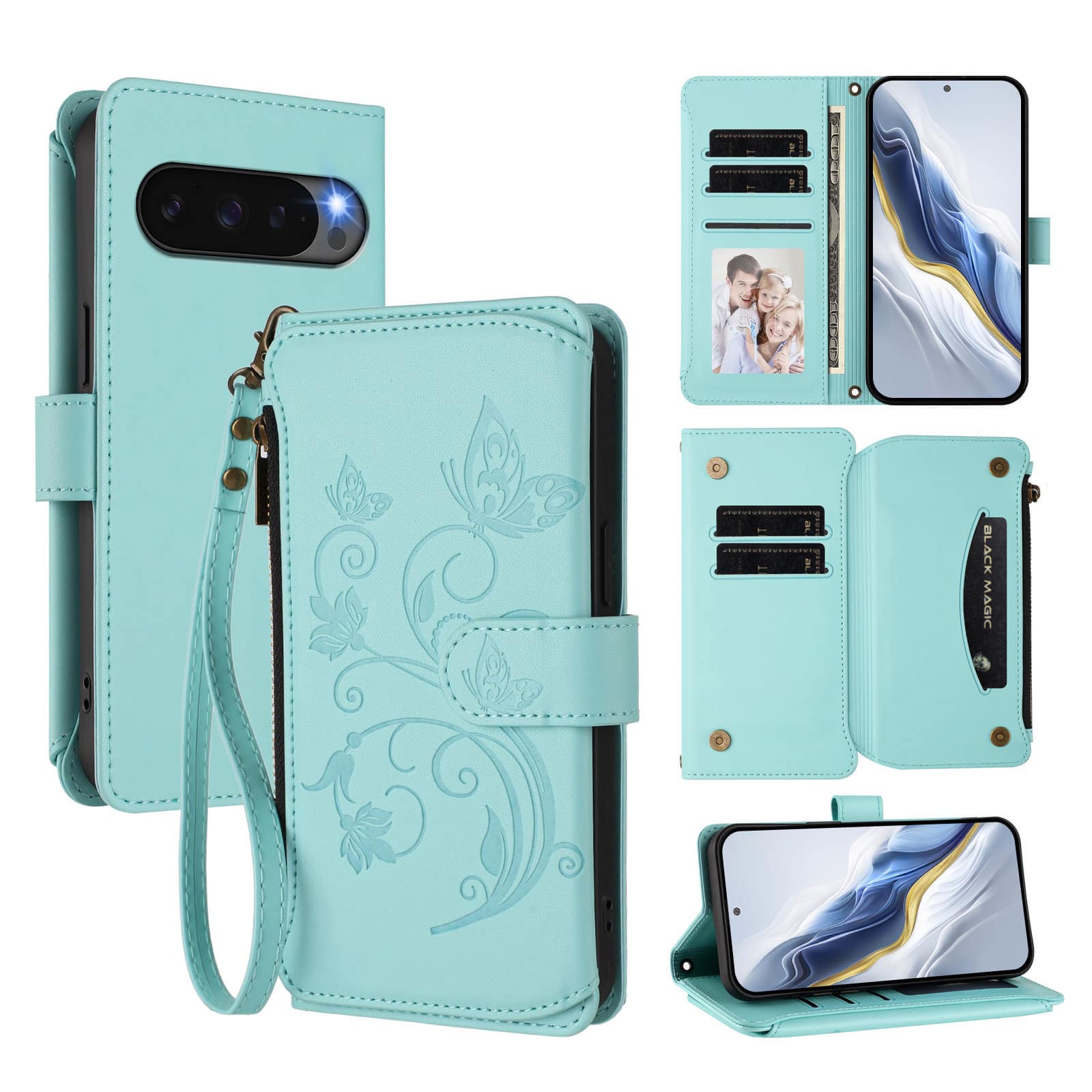 Dteck - Crossbody Wallet Case for Google Pixel 10 Pro XL,Embossed Butterfly Flower Folio Cover with Zipper Pocket+Strap - Green price history on PriceWatchPro
