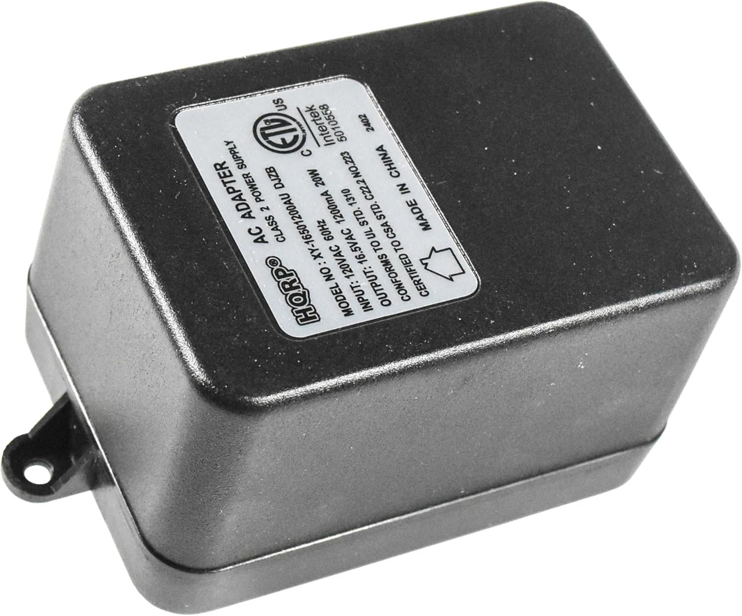 US ETD Intertek 2402 SUPPLY DJZB 20W NO.223 CHINA ADAPTER POWER 1310 C22.2 IN 2 1200mA STD. STD. MADE AC CLASS XY-16501200AU 60Hz .. 120VAC 16.5VAC UL TO CSA TO NO: CONFORMS CERTIFIED HORPO MODEL INPUT: OUTPUT: