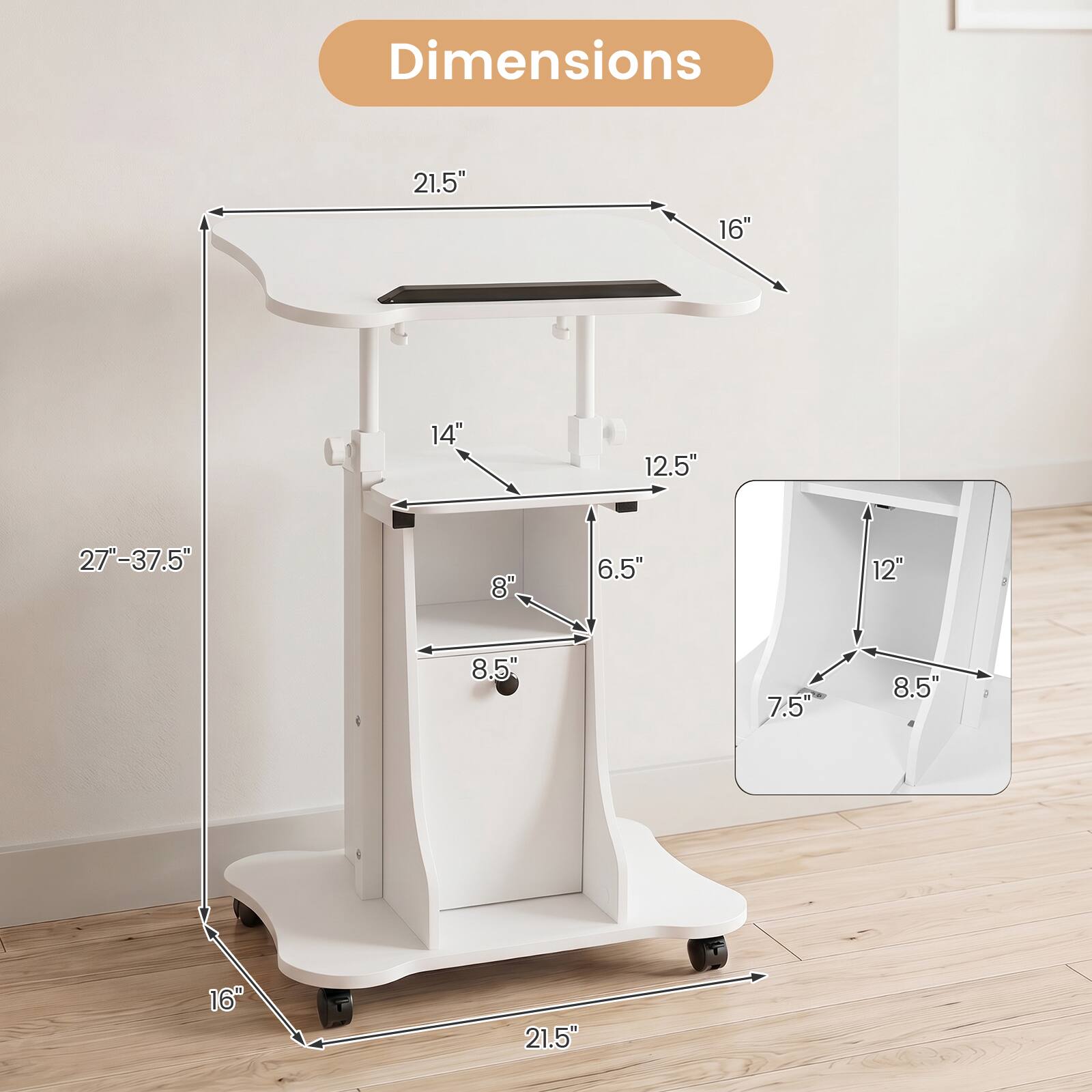 Dimensions: 21.5" x 16" x 14" x 12.5" x 27"-37.5" x 8" x 6.5" x 12" x 8.5" x 7.5" x 8.5" x 16" x 21.5"