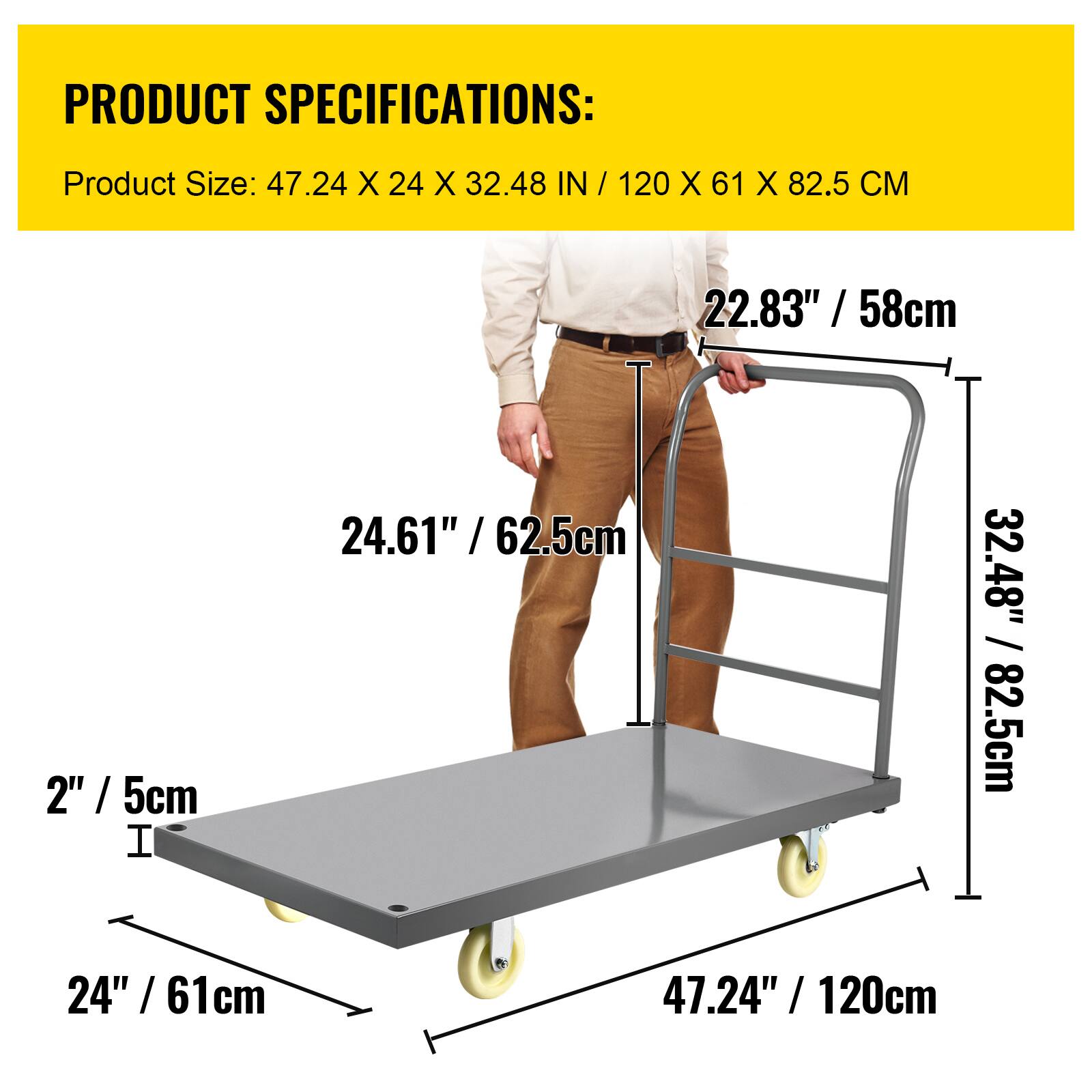 PRODUCT SPECIFICATIONS:  
Product Size: 47.24 X 24 X 32.48 IN / 120 X 61 X 82.5 CM  

- 22.83" / 58cm  
- 24.61" / 62.5cm  
- 2" / 5cm  
- 24" / 61cm  
- 47.24" / 120cm  
- 32.48" / 82.5cm