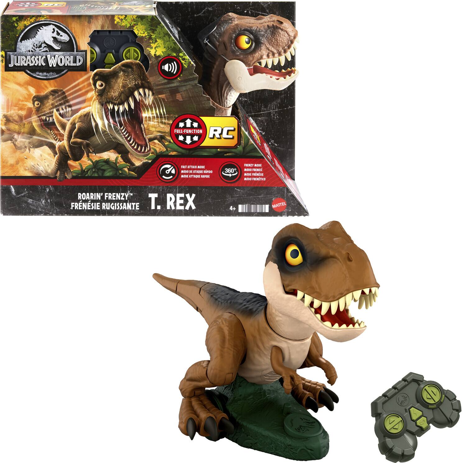 The text on the image is:

"Jurassic World
Rexarin' Frenzy
T. Rex
Frenie Rugissant
4+
Mattel"

The corrected and grouped text is:

"Jurassic World
Rexarin' Frenzy
T. Rex
Frenie Rugissant
4+
Mattel"