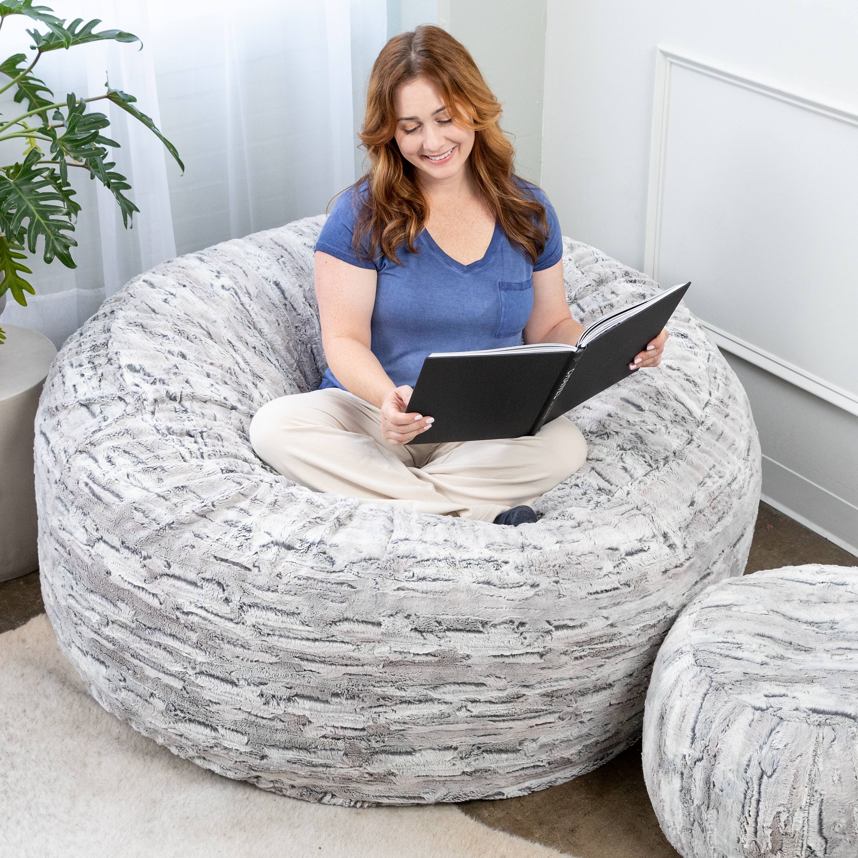Back. Jaxx - Jaxx 5 Foot Saxx Bean Bag Chair For Adults - Luxe Faux Fur, Silver Fox - Luxe Faux Fur - Silver Fox.